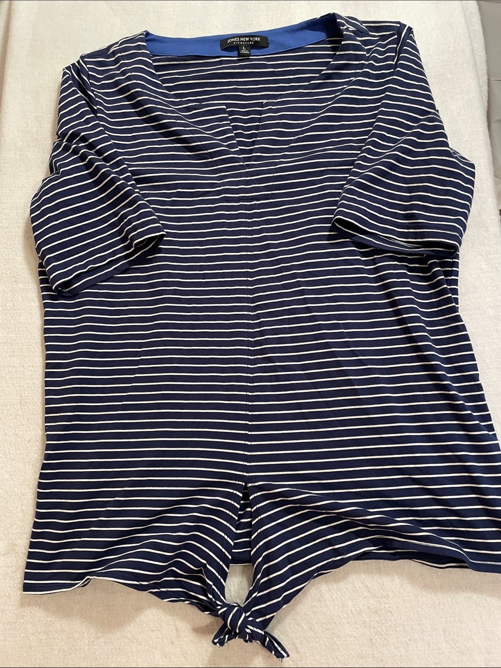 Jones New York Navy and White Striped Tie-Hem Short Sleeve Tee
